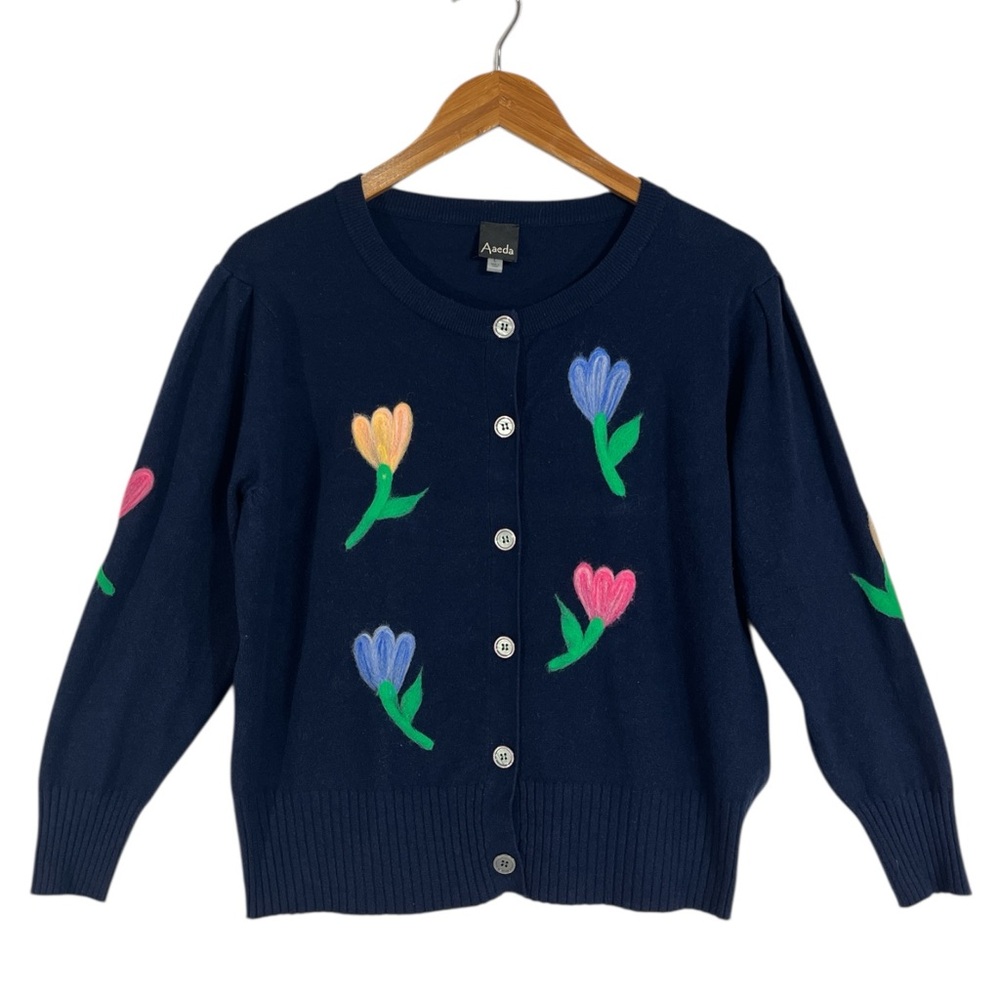 Aaeda Navy Cardigan Sweater Size Large Floral Ribbed Trim
Button Front - Picture 2 of 5